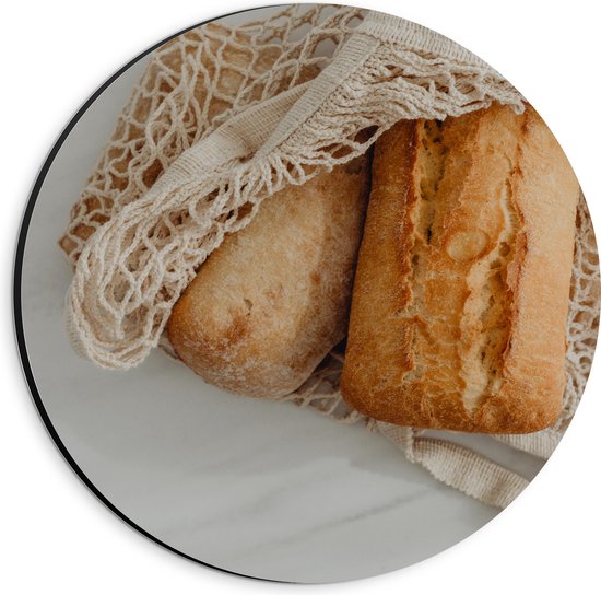 Dibond Muurcirkel - Verse Broodjes in Gehaakt Tasje - 20x20 cm Foto op Aluminium Muurcirkel (met ophangsysteem)