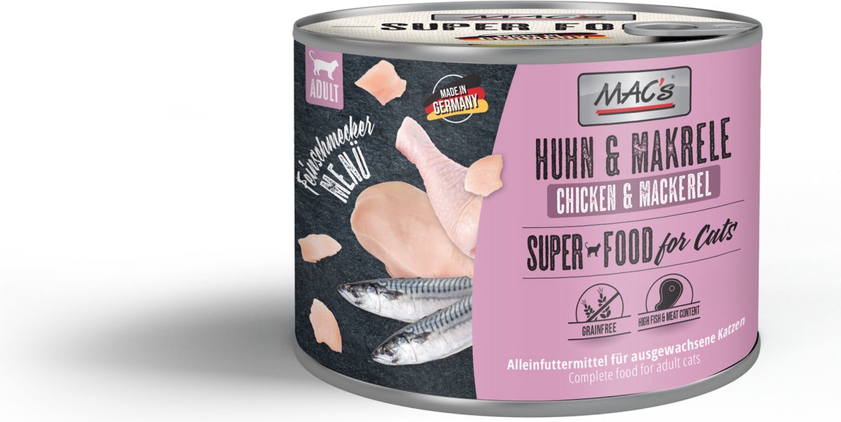 MACs Mac’s Superfood Kattenvoer Fijnproever Natvoer Blik - Kip & Makreel 6x 200g hoog vers vleesgehalte 99%
