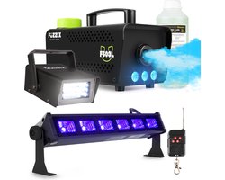 Partyset met Fuzzix F503L Rookmachine - 1L Rookvloeistof - 1x Strobo en 1x Blacklight bar
