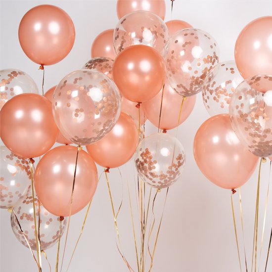 Fissaly 40 stuks Rose Goud Helium Ballonnen met Lint – Verjaardag Versiering - Decoratie - Papieren Confetti – Roze Gold Latex - Fissaly