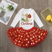 Mijn Eerste Kerst Baby/Dreumes -Maat: 74 / 9 maanden - My First Christmas - Meisje - Romper & Tutu Rok - Feestdagen - Kerst - jurk - Kerstjurk - Mijn Eerste Kerst - Kerstpakje - Familie & Vrienden - Kleur Rood & Goud - Kerstbal - Christmas -