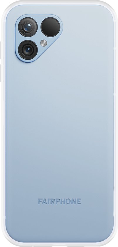 Lichtblauwe Fairphone 5 hoes met glanzende witte rand en dubbele camera.
FAIRPHONE-logo op de achterkant.