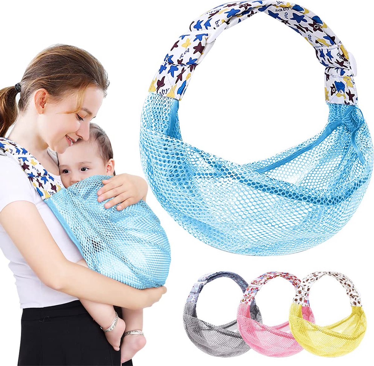 Image of Ademende babydraagdoek, verstelbare babydrager, wikkelen, sneldrogend, 3D-netstof, dikke schouderbanden, elastisch voor zomer, zwembad, strand, dragen voor pasgeborenen (blauw)