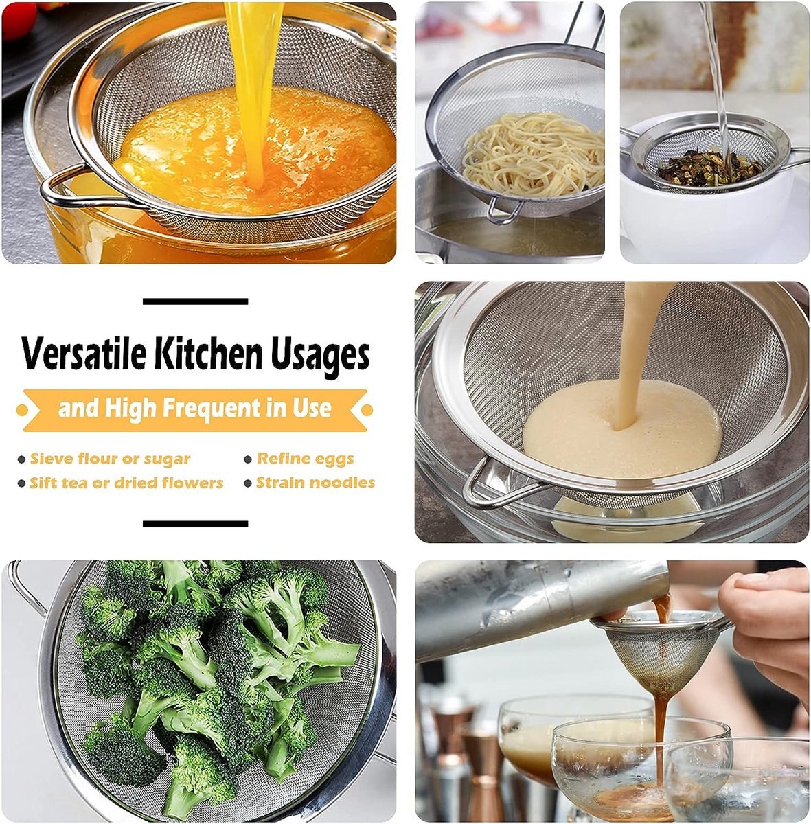 Zeef, 3-delige set, roestvrij staal, microgeperforeerde keukenzeef, pastazeef met handgrepen, roestvrije vergiet, vergiet voor het afvoeren en afwassen, voor keuken, pasta, fruit, rijst, groenten