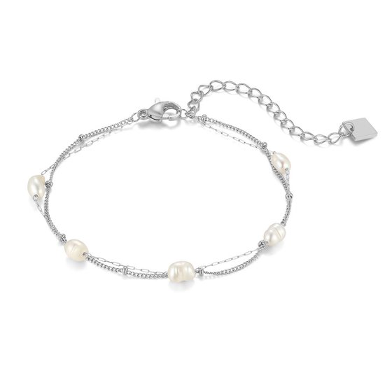 Bracelet Twice As Nice en acier inoxydable, double chaîne avec 5 perles d'eau douce 15 cm + 4 cm