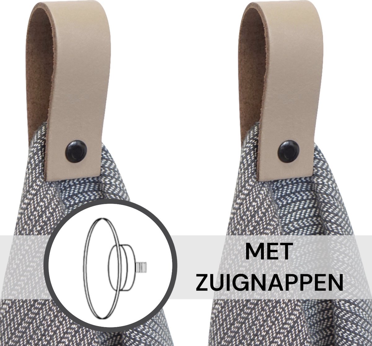 SETPRIJS - 2x Leren magneet-lus - met Zuignap + Plakstrip - TAUPE - Handles and more® (handdoekhaak - handdoekhaakje - handdoeklus - handdoekhanger - magnetische handdoekhouder)