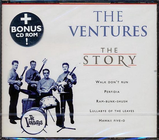 The Ventures op de hoes van 'The Story' CD met 'Bonus CD ROM'. Vier mannen met instrumenten.