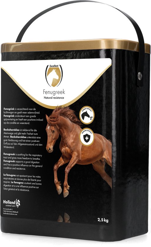Zwarte emmer met een paard op het label. Fenegriek, 2,5 kg.