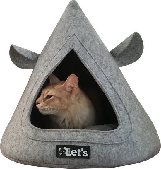Let's sleep Pet Cave TeePee 50 x 45 cm - Kattenmand - Kattenbed inclusief kussen - Cat cave - Extra sterk vilt - Grijs