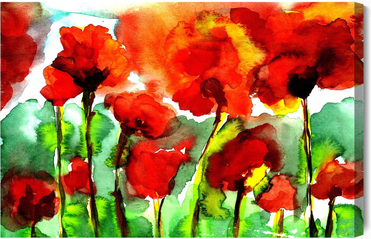 Schilderijkoning - Canvas Schilderij Klaprozen Geschilderd Met Waterverf - 100 x 70 cm