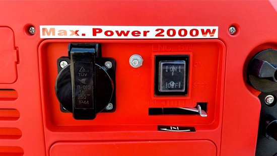 Powertech® PT2000 Benzine Aggregaat - Max. 1200 W - Benzine Generator - 4.1 Liter Tank - Ideaal voor Kamperen - 2 Takt Motor - Rood - Royalty line