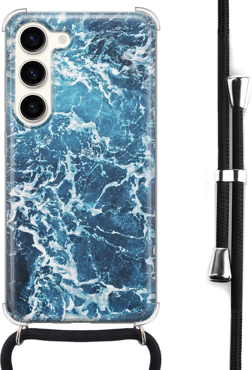 Samsung Galaxy S23 hoesje met koord - Oceaan - Siliconen Case - Shock proof - Zwart koord - Crossbody - Back Cover - Transparant, Blauw