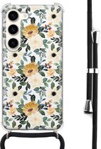 Hoesje met koord - Geschikt voor Samsung Galaxy S23 - Lovely flowers - Verstelbaar zwart koord - Crossbody - Bloemen - Transparant, Geel - Leuke Telefoonhoesjes