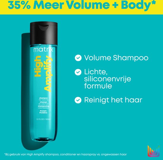 Bouteille de shampooing Matrix High Amplify, 300 ml. Bouteille turquoise avec bouchon noir. Combiné avec le texte "35% Plus de Volume + Corps*" et des coches.