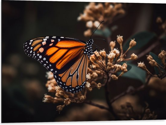 Dibond - Monarchvlinder zit op crème gekleurde bloemen - 80x60 cm Foto op Aluminium (Met Ophangsysteem)