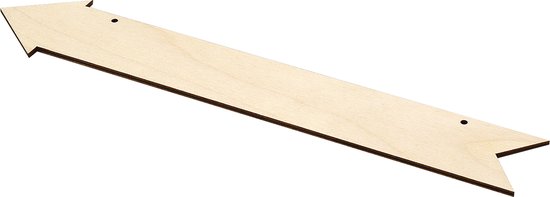 Ongeschilderde houten pijl van 30 cm lang en 4,5 cm breed met een dikte van 0,3 cm.