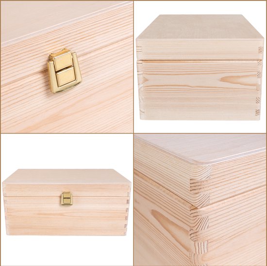 Collage van een gesloten houten kist met gouden slot, details van het hout en de scharnieren.