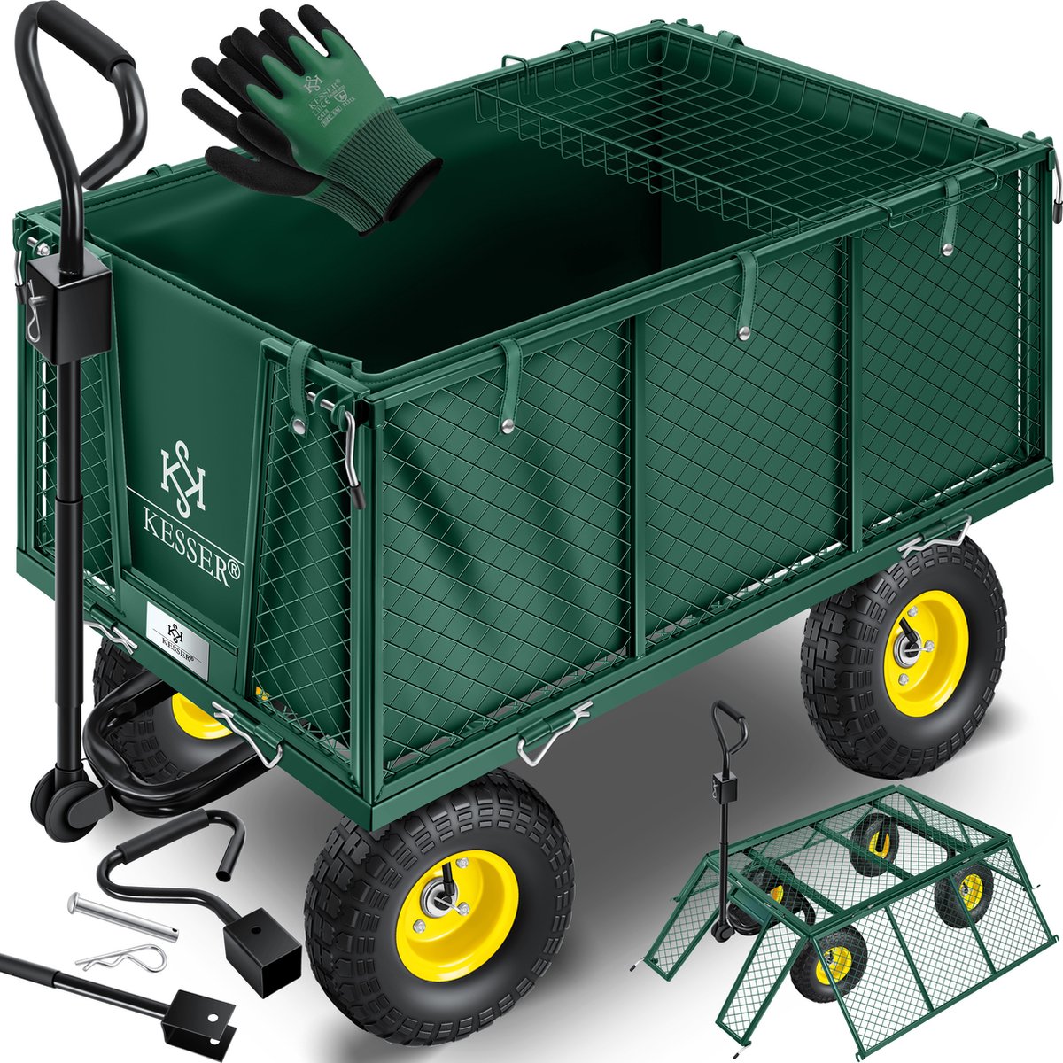 KESSER® Tuinkar Handtrekwagen 550 kg belastbare transportkar tuinkar afneembaar zeil gereedschapswagen veelzijdig te gebruiken incl. handschoenen - 550Kg handkar