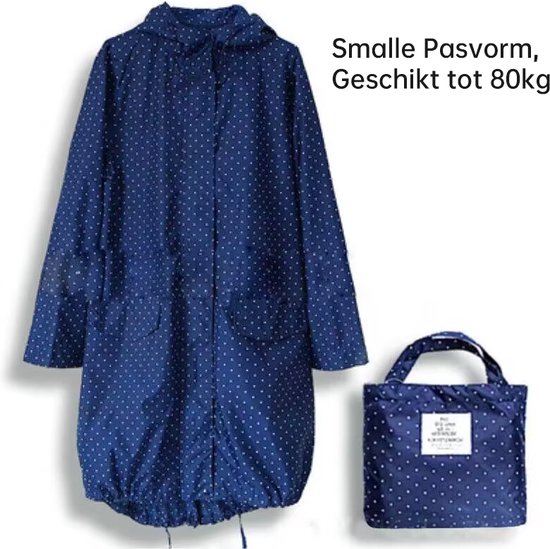 opvouwbare regenjas- waterdicht-met gratis draagtas- One Size- blauw met wit gestipt