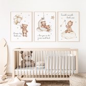 Babykamer posters set 3 stuks (zonder frame) - 40x50 cm Kinderkamer decoratie - Teddy beer met ballon sterren - Kinder poster - Beige