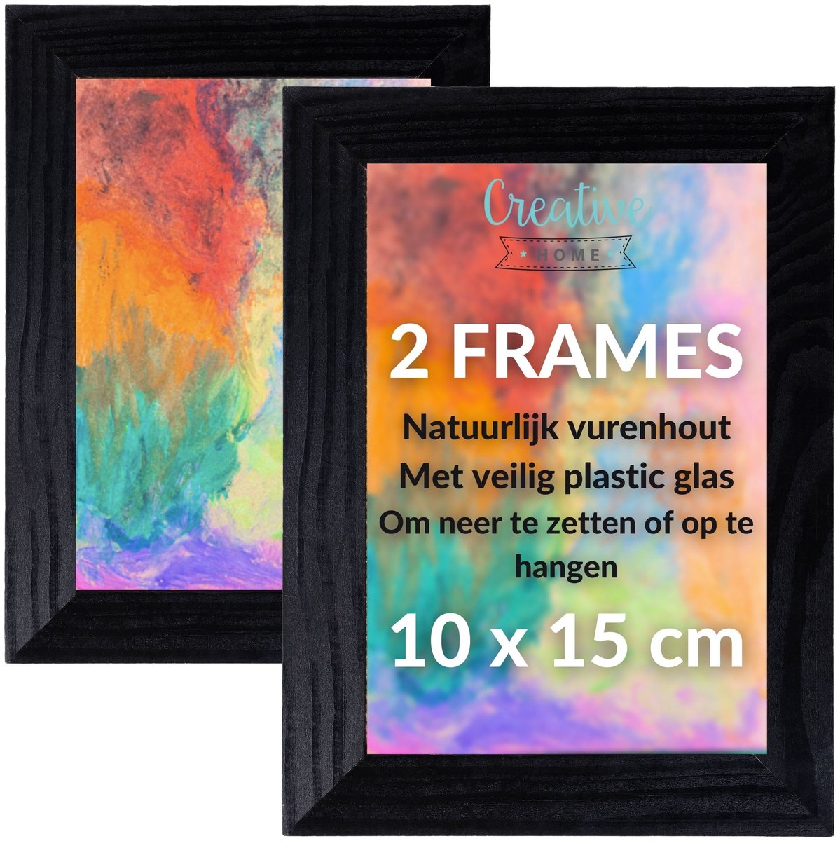 Creative Home 2 x Dennenhouten Fotolijst 10 x 15 cm Zwart | Horizontaal of Verticaal | Glas | Set van 2 Lijsten
