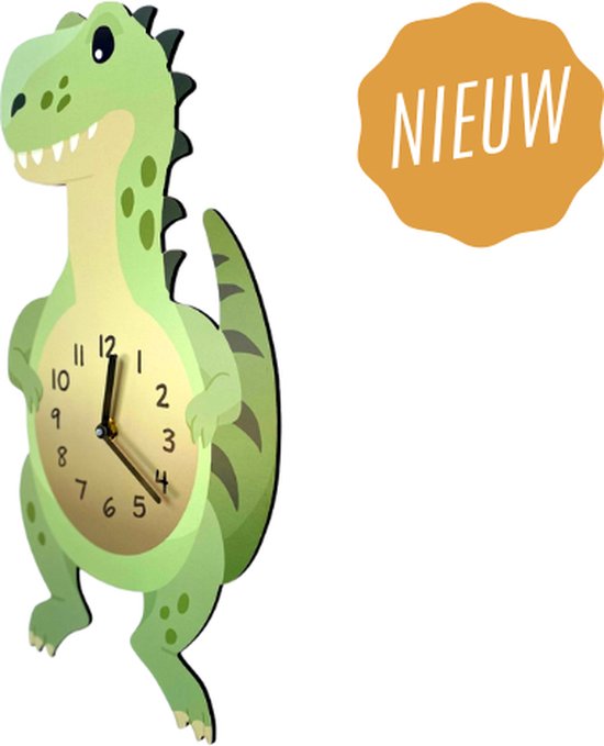 Horloge enfant Dino/ Dinosaurus vert | MOUVEMENT SILENCIEUX | horloge murale animal en bois pour chambre d'enfant et chambre de bébé - accessoires de décoration | chambre de garçons