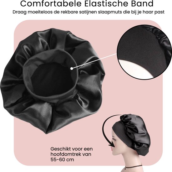 Gedetailleerde afbeelding van een zwart satijnen slaapmutsje met elastische band. Een illustratie toont hoe het mutsje gedragen wordt.