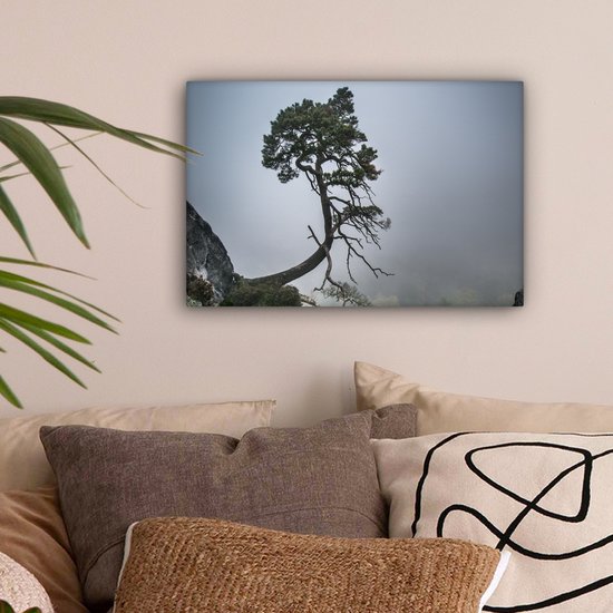 Peinture sur toile - Falaise - Arbres - Vert - Brume - Photo sur toile - Canvasdoek - 30x20 cm - Toile nature