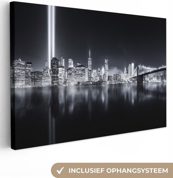 Canvas schilderij - Foto op doek - Skyline - New York - Architectuur - Nacht - Verlichting - Kamer decoratie - 30x20 cm - Canvasdoek