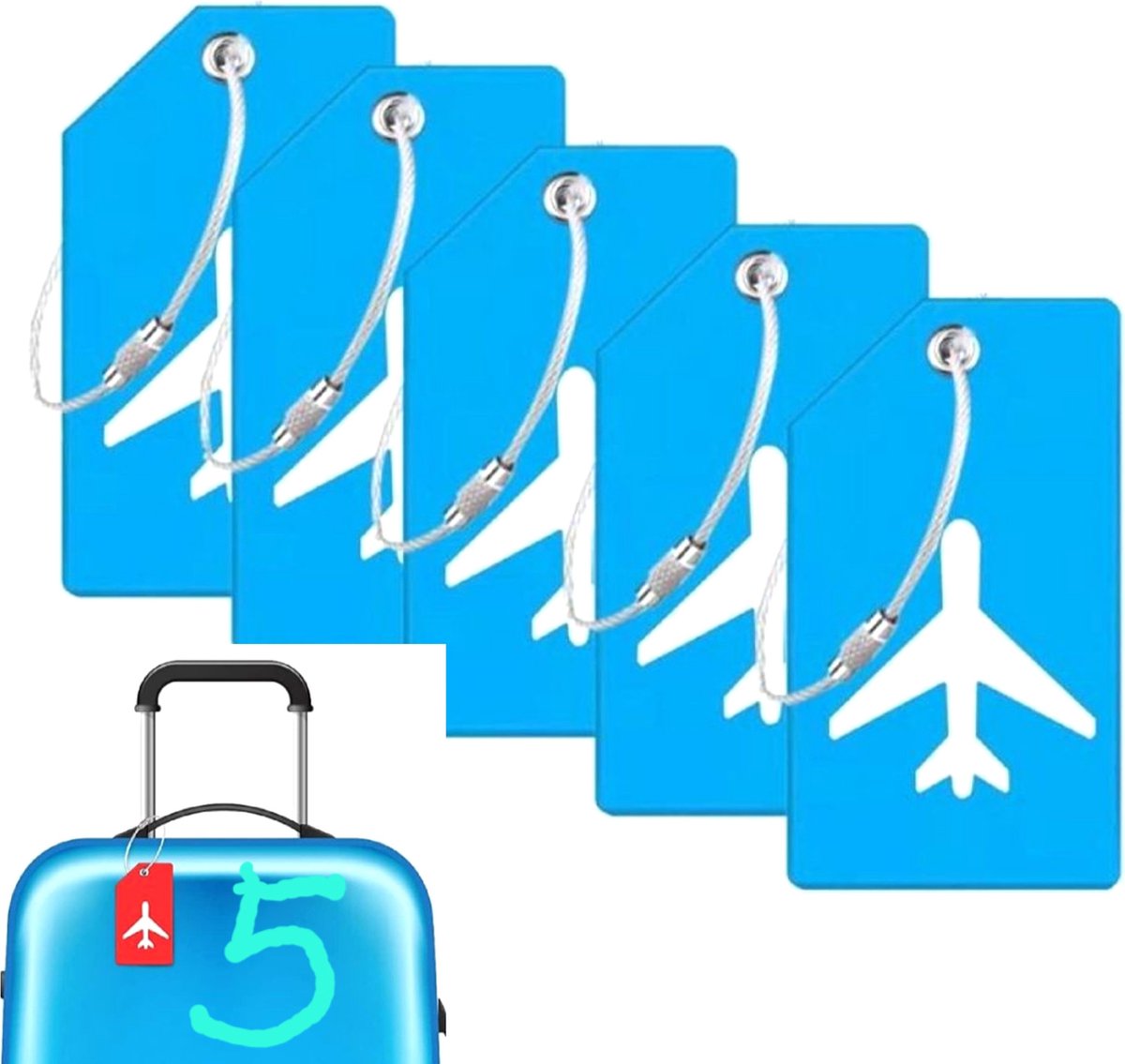 Frazimashop- Kofferlabel Silicone - 5 stuks kleur licht blauw - Reiskoffer Reisaccessoire - Bagagelabel - Adres Label