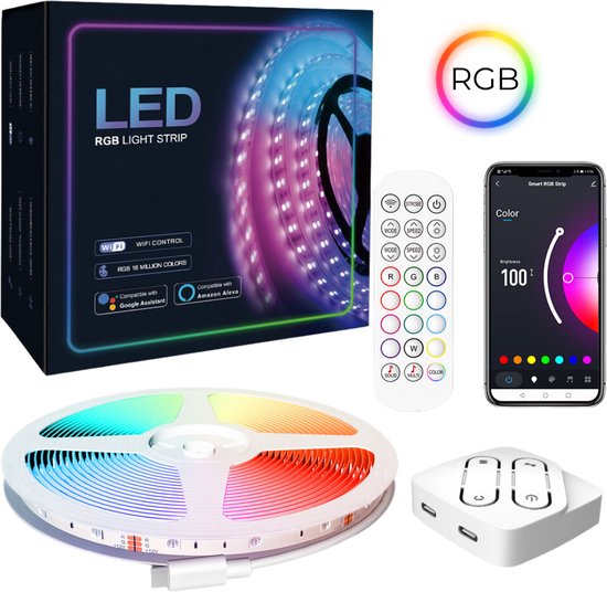 CozyStrip Basic - 5 Meter - LED Strip RGB - met Afstandsbediening - App Besturing - Led Light Strip - 30W - 2.0 A - Smart Verlichting - Licht strip