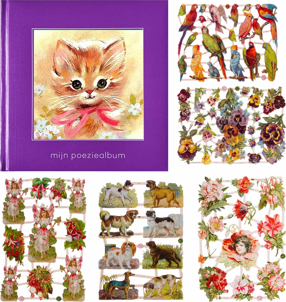 Poëziealbum - 16x16 - Paars - Hertje met vlinders - met 5 vellen Poëzieplaatjes