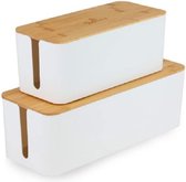 Kabelbox, set van 2, wit, van ABS-kunststof, met bamboedeksel, incl. rubberen voetjes en klittenband, kabelmanagement, organizer, box voor thuis en op kantoor