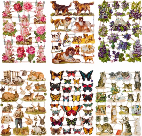 Ensemble de 6 feuilles avec images poétiques : anges et roses, chiens, fleurs avec oiseaux, lapins et un garçon, papillons, chats et animaux.