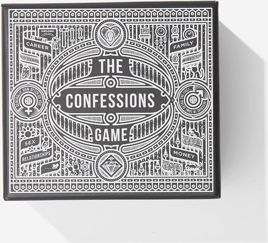 La boîte noire de 'The Confessions Game' présente un design détaillé et symétrique avec le texte 'THE CONFESSIONS GAME' au centre. Des icônes pour 'FAMILY', 'SEX', 'MONEY' et 'CAREER' sont visibles.
