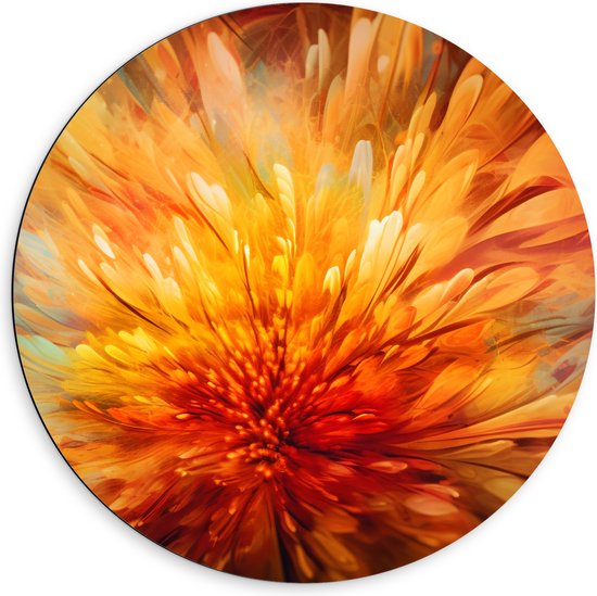 Dibond Muurcirkel - Kunstwerk van Oranje Met Rode Grote Bloem - 60x60 cm Foto op Aluminium Muurcirkel (met ophangsysteem)