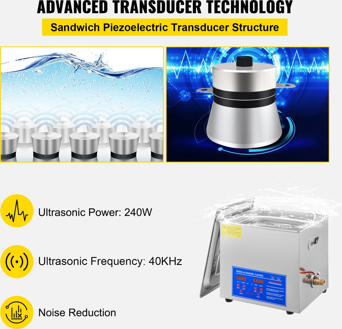 VEVOR Nettoyeur à Ultrasons, 36khz 40khz Fréquence Réglable, 10L 110V,  Machine de Nettoyage à Ultrasons avec Minuterie Numérique et Chauffage,  Nettoyeur Sonique de Laboratoire pour les Pièces de Montres à Bijoux, Fcc /