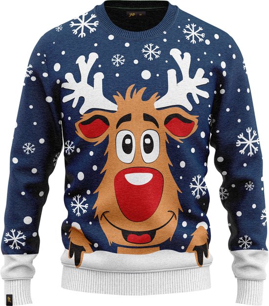 JAP Christmas Kersttrui voor kinderen (maat 110/116) - 100% Gerecycled - Kriebelt niet - Kerstcadeau - Foute Kersttrui jongens en meisjes (5/6 jaar) - Rudolf het Rendier - Donker blauw