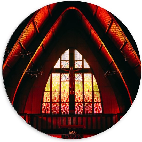 Dibond Muurcirkel - Zonlicht Vallend op Christelijk Kapelletje - 100x100 cm Foto op Aluminium Muurcirkel (met ophangsysteem)
