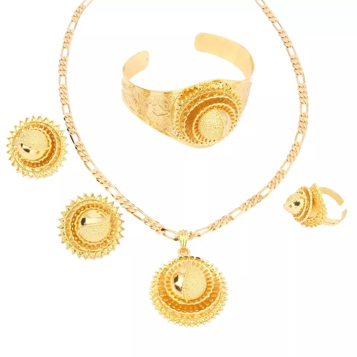 Nieuwe desine Ethiopische Eritrese sieraden set voor vrouwen,Ethiopische Eritrese Bruidssieraden Set Puur Goud Kleur 4 Sets Habesha Sieraden, Ethiopian gold jewelry