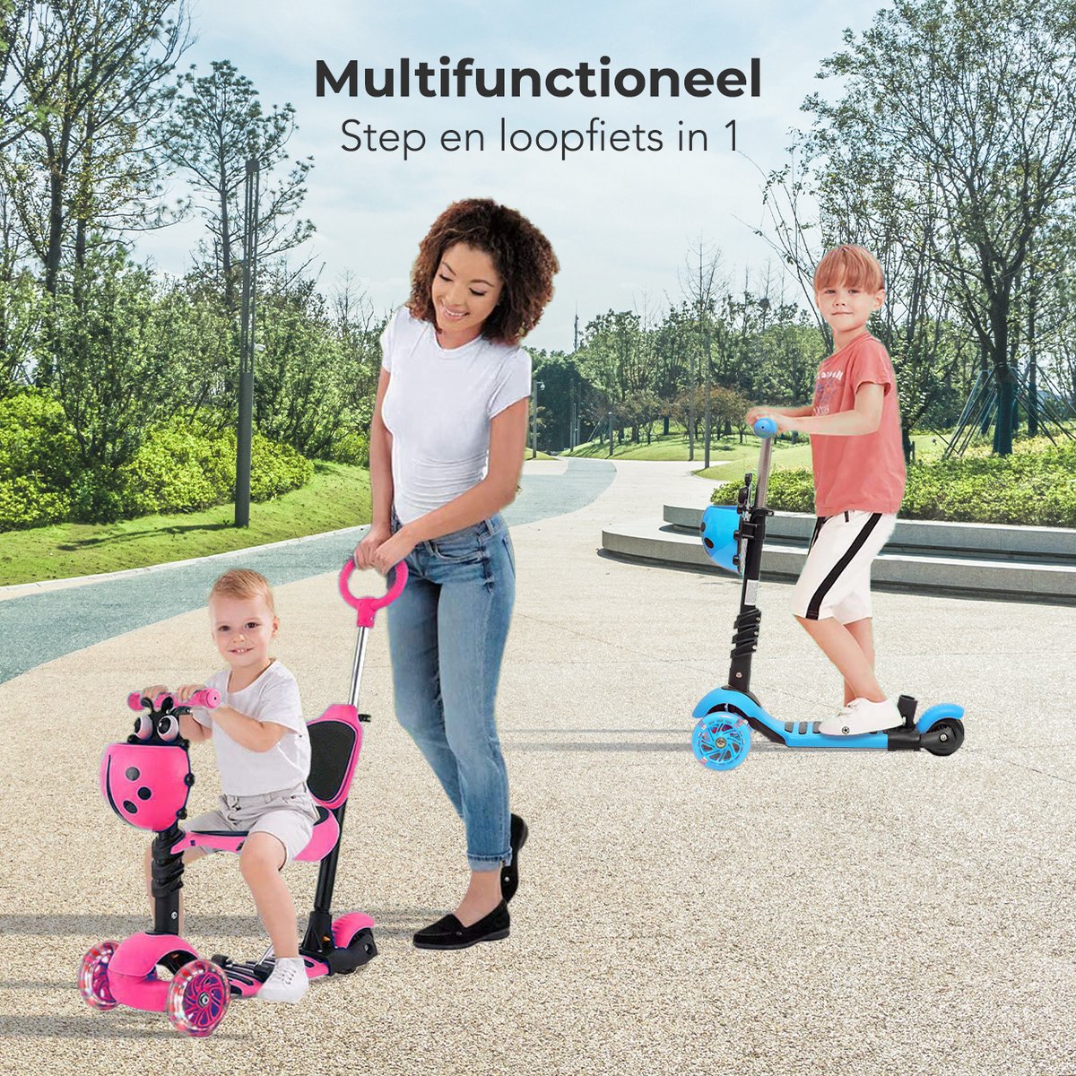 LifeGoods MultiRider - Kinderstep met Duwstang - 3 tot 8 Jaar - Hoogte Verstelbaar - Jongens/Meisjes - Lichtgevende LED Wielen - Roze — afbeelding 3
