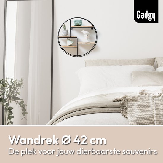 Gadgy Wandrek Industrieel - Rond met 4 Wandplanken Hout - Muurdecoratie Woonkamer - Industriële Woonaccessoires Voor Aan De Muur- Metaal Zwart - Ø 42x10 cm - Gadgy