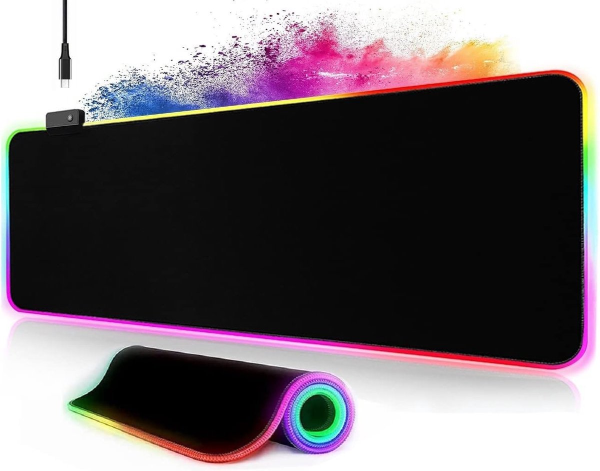 Gaming muismat XXL 800 x 300 mm RGB muismat groot met 14 verlichtingsmodi, 7 led-kleuren, genaaide randen, waterdicht, antislip, voor gaming, pc, laptop, verbeterde precisie, volledig zwart