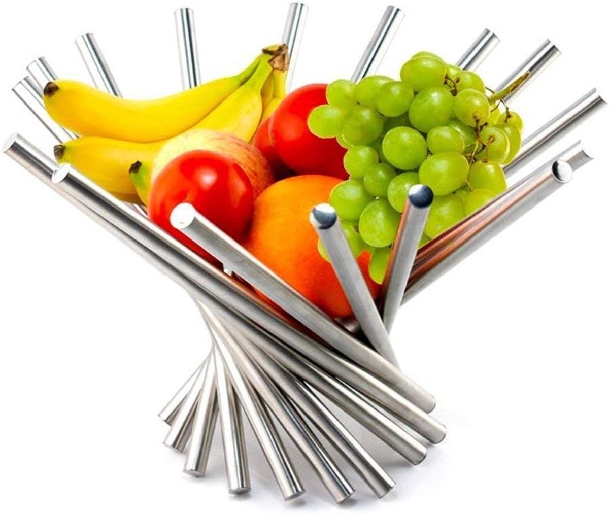 Fruitschaal, zilver, geventileerde roestvrijstalen fruitschaal, metaal, fruitmand, modern design, fruitschaal ​ voor meer ruimte op het werkblad (38 x 38 x 34 cm