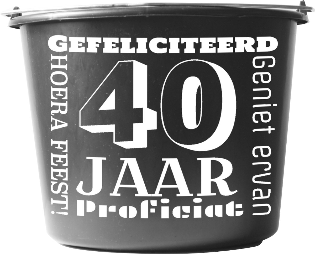 Goedkoopste Emmer – 12 liter – zwart – Cadeau – Verjaardag – met tekst Gefeliciteerd 40 jaar