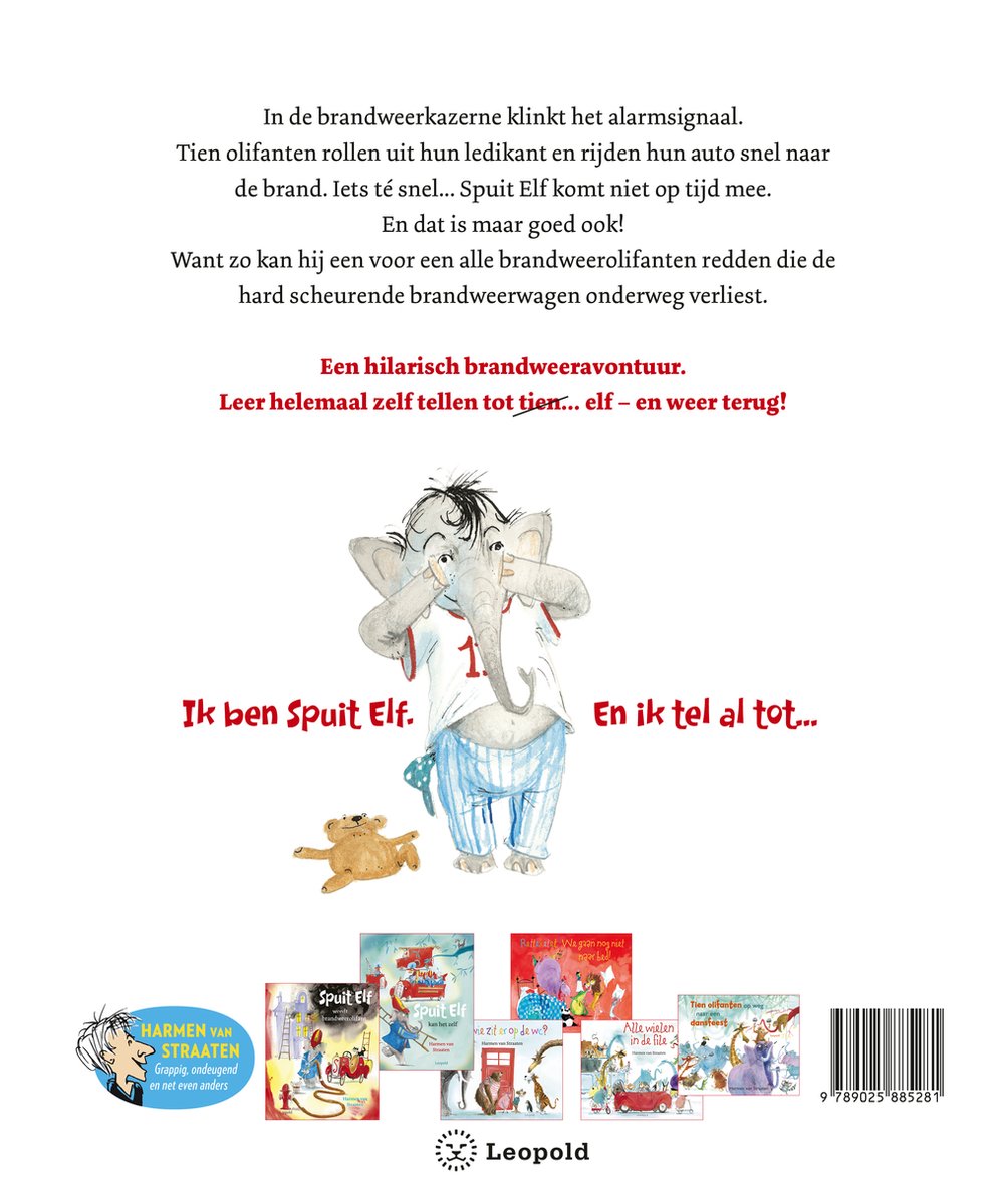 Een olifant met een brandweeruniform en een rood nummer 1 op zijn borst, die zijn handen voor zijn ogen houdt. Naast hem ligt een teddybeer.