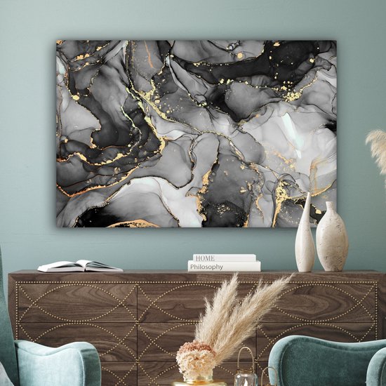 Toile Peinture Marbre - Zwart - Or - Grijs - 120x80 cm - Décoration murale