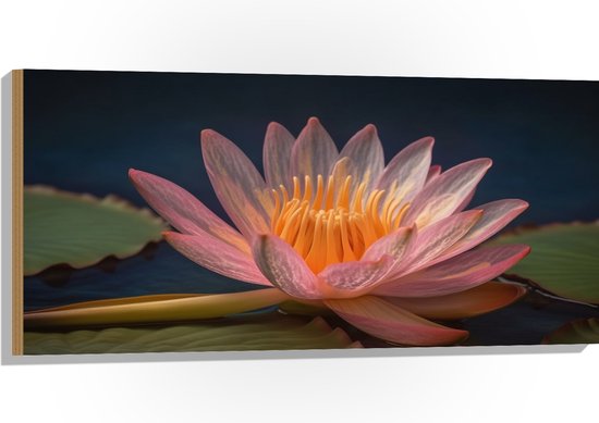 Hout - Lotus Bloem Drijvend op Lelieblad en Water - 100x50 cm - 9 mm dik - Foto op Hout (Met Ophangsysteem)