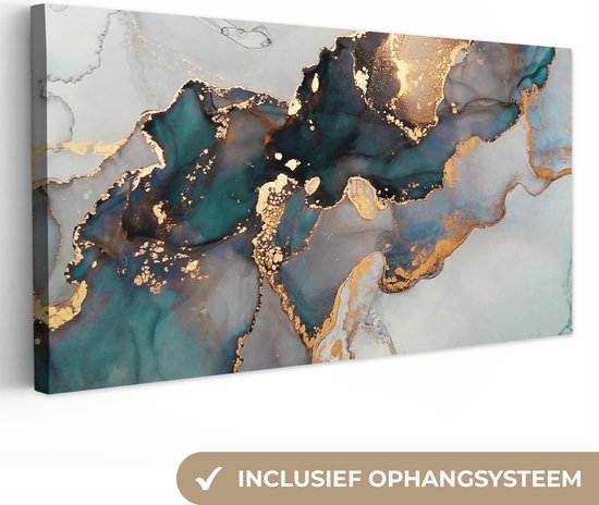 Tableau sur toile Blauw - Marbre - Or - 40x20 cm - Décoration murale