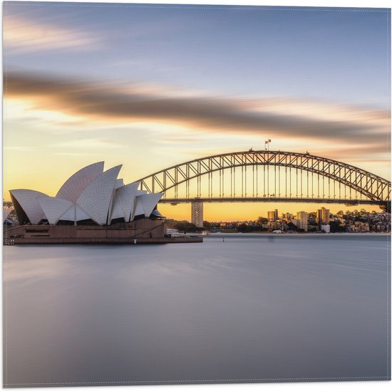 Vlag - Zonsondergang achter de Brug in Sydney, Australië - 50x50 cm Foto op Polyester Vlag